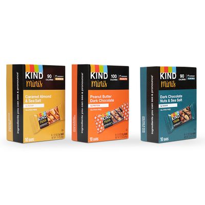 Kind Minis, Variety Pack. Contains 1 Peanut Butter Dark Chocolate, 1 Caramel Almond &amp; Sea Salt, and 1 Dark Chocolate Nuts &amp; Sea Salt, Low Sugar, Healthy Snacks, Ilios Packaging. 3 Packs [30 Bars]
