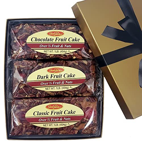 Jane Parker Fruitcake Triple Delight Fruit Cake Assortment, 3 Pound Gift Box, Chocolate, Dark, Classic (Packaging may vary) Box-Holiday Cake-Christmas Cake-The Best Fruitcake You Can Buy