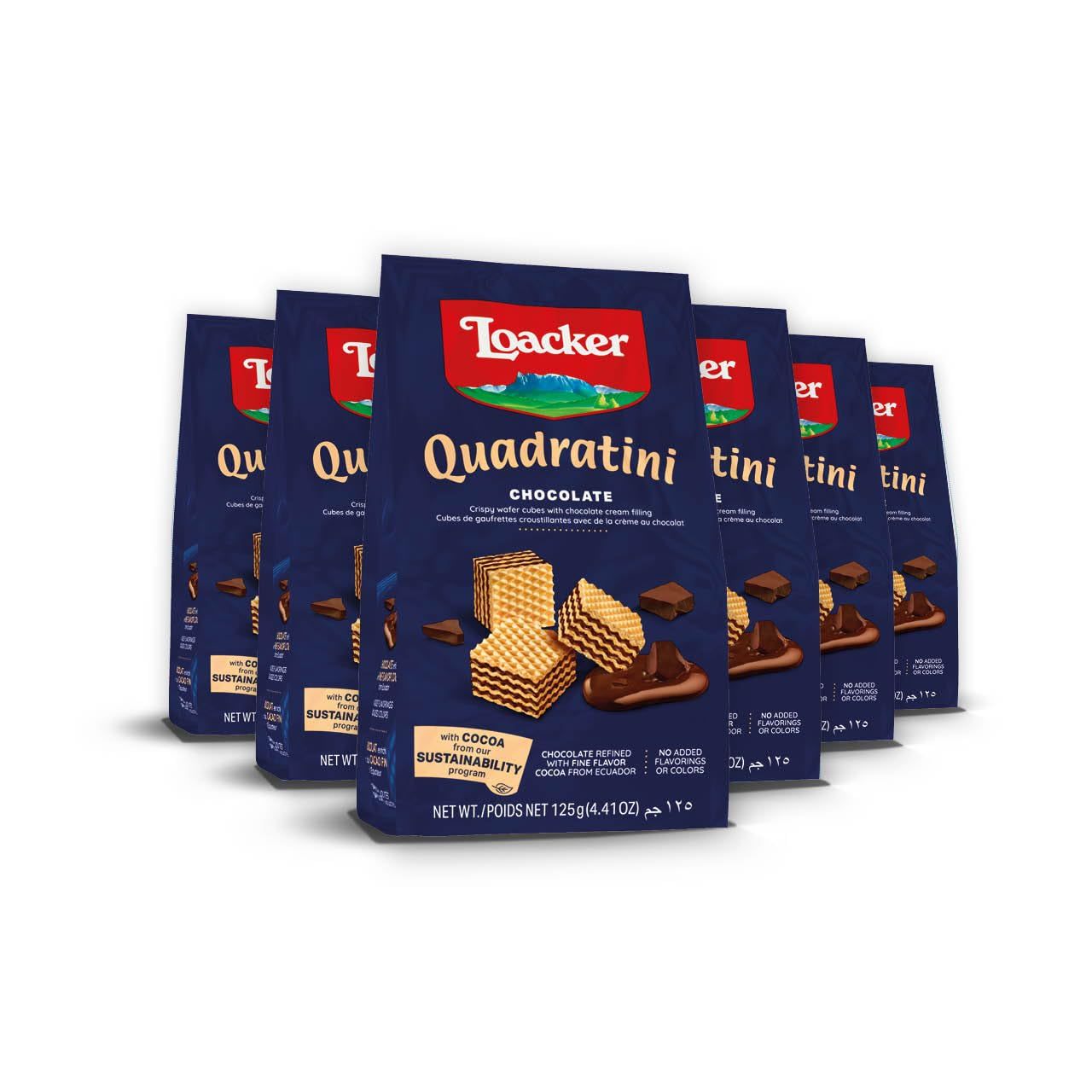 Loacker Quadratini Chocolate Wafer Cookies SMALL - Premium Crispy Bite Size Wafers - 30% Less Sugar - NON-GMO - SMALL Pack of 6