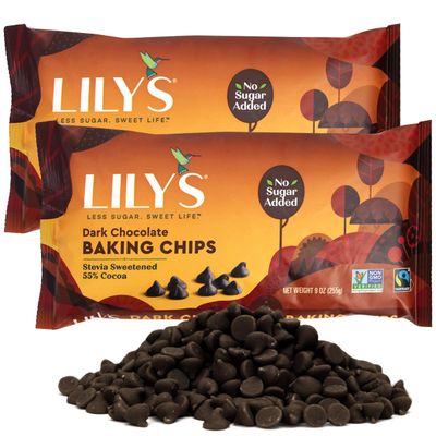 Sugar-Free Dark Chocolate Chips for Baking, 2 Bags of Lily's Baking Chips 9oz Each, Delicious Baking Chips Without the Sugar, Perfect Dark Chocolate Chips for Keto and Diabetic-Friendly Recipes Sugar-Free Dark Chocolate Chips for Baking, 2 Bags of Lily's Baking Chips 9oz Each, Delicious Baking Chips Without the Sugar, Perfect Dark Chocolate Chips for Keto and Diabetic-Friendly Recipes