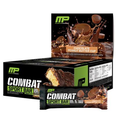 MusclePharm Combat Sport Bar, Chocolate Peanut Butter Cup, High Protein Bars, Combat Cravings, Fuel Performance &amp; Meet Energy Demands, 20g Protein from Whey Protein, 5g Fiber, Gluten Free, 12 Bars