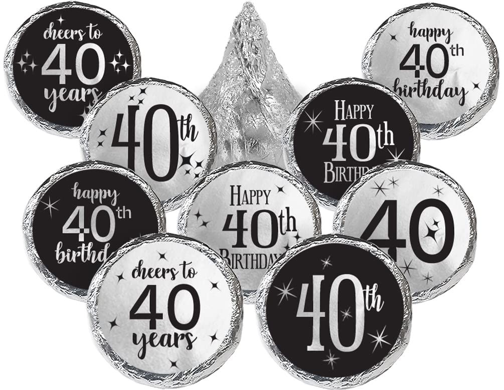 Black and Silver 40th Birthday Party Favor Chocolate Kisses Candy Stickers - 180 Count