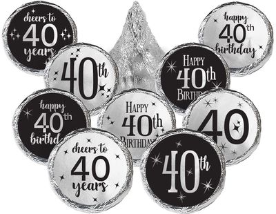 Black and Silver 40th Birthday Party Favor Chocolate Kisses Candy Stickers - 180 Count
