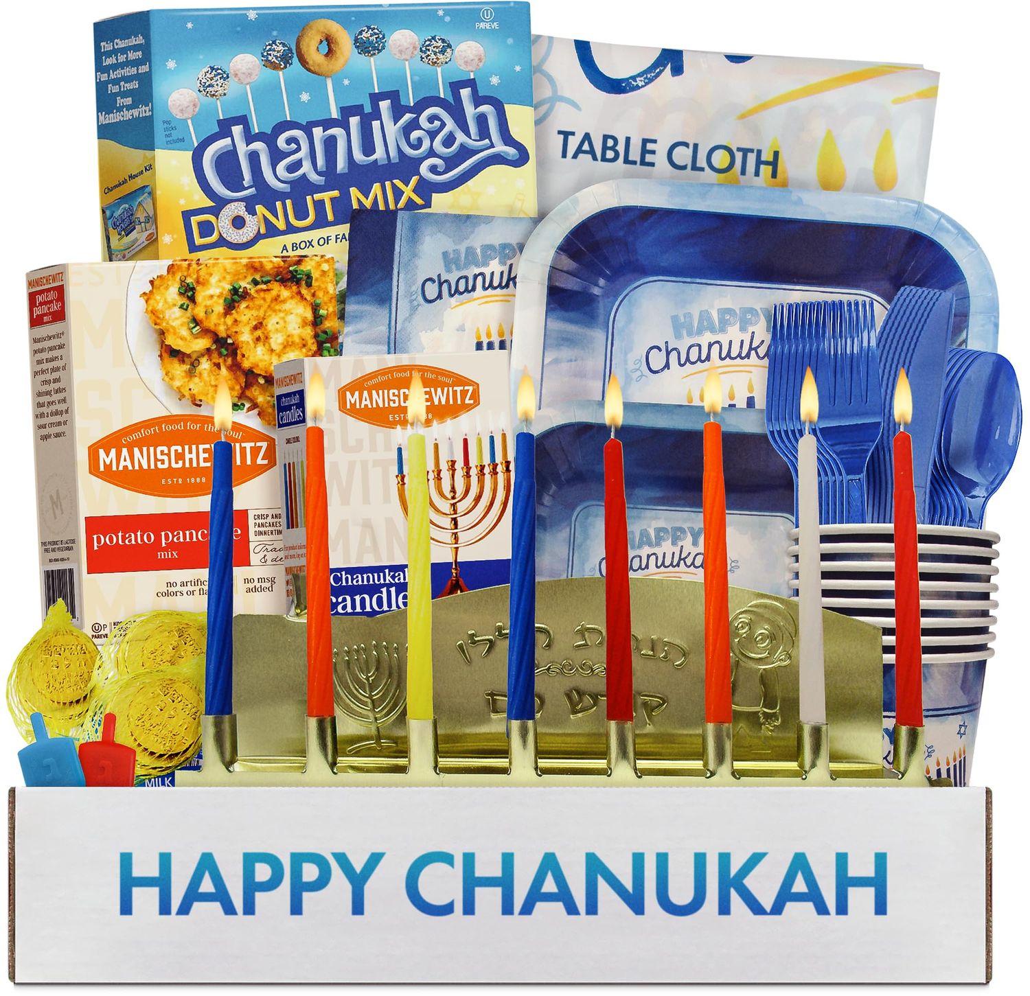 Hanukkah Party in a Box | Includes Tin Menorah, 44CT Box of Candles, Dreidels, Chocolate Coins, Donut Mix, Potato Pancake Mix, Hanukkah Party Papergoods | Kosher | The Perfect Chanukah Holiday GIft!