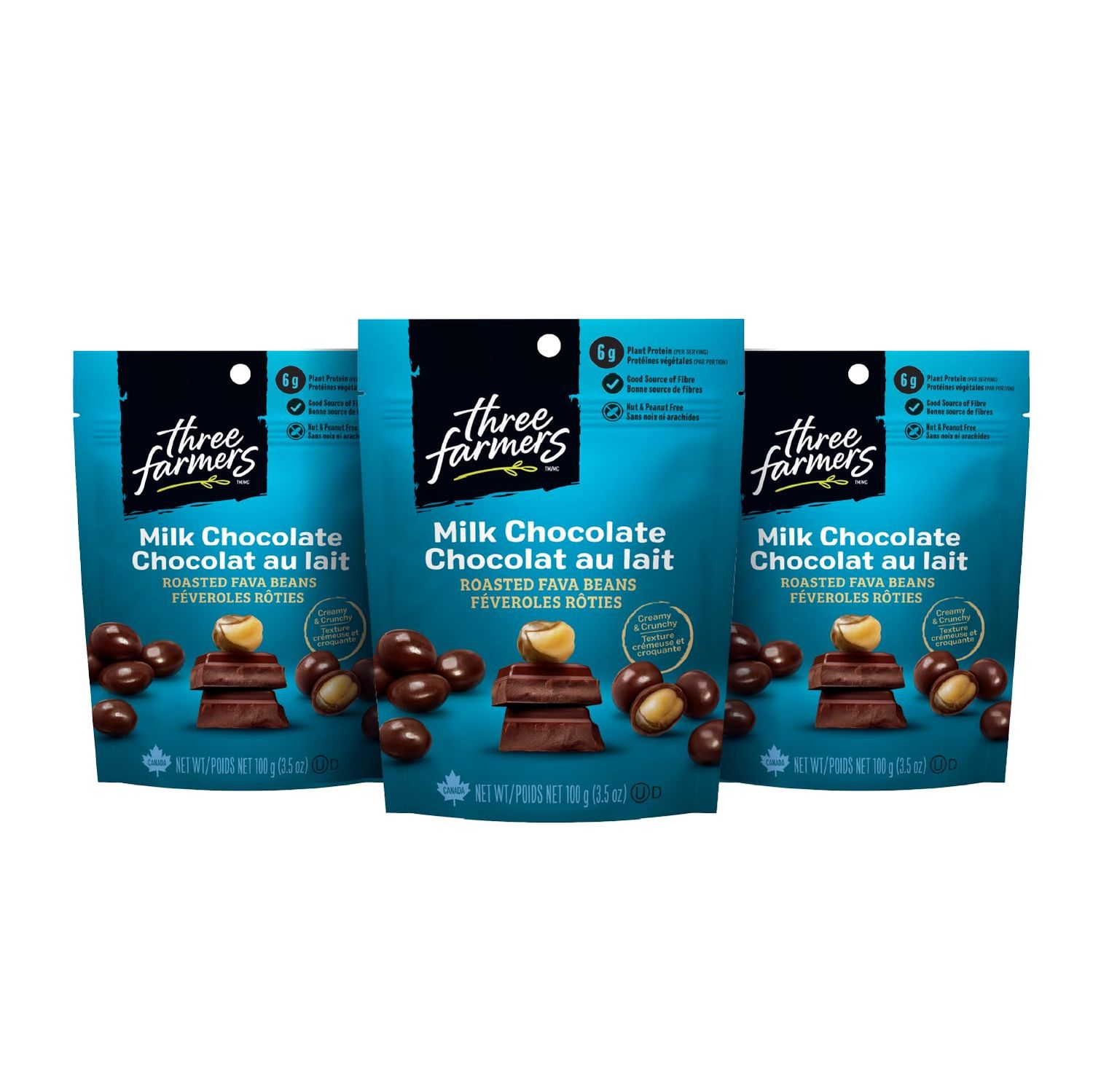 Three Farmers - Roasted Fava Beans | Milk Chocolate | 3oz (Pack of 3) | Snack Packs | Gluten-Free | Kosher | Plant Protein | High Fibre | Low Fat