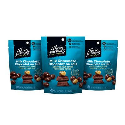 Three Farmers - Roasted Fava Beans | Milk Chocolate | 3oz (Pack of 3) | Snack Packs | Gluten-Free | Kosher | Plant Protein | High Fibre | Low Fat
