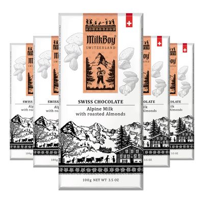 Milkboy Swiss Almond Chocolate Bars - Premium Swiss Alpine Milk Chocolate with Almonds - All Natural, Gluten-Free, Non-GMO - Made in Switzerland, Kosher - 3.5 oz (Pack of 5)