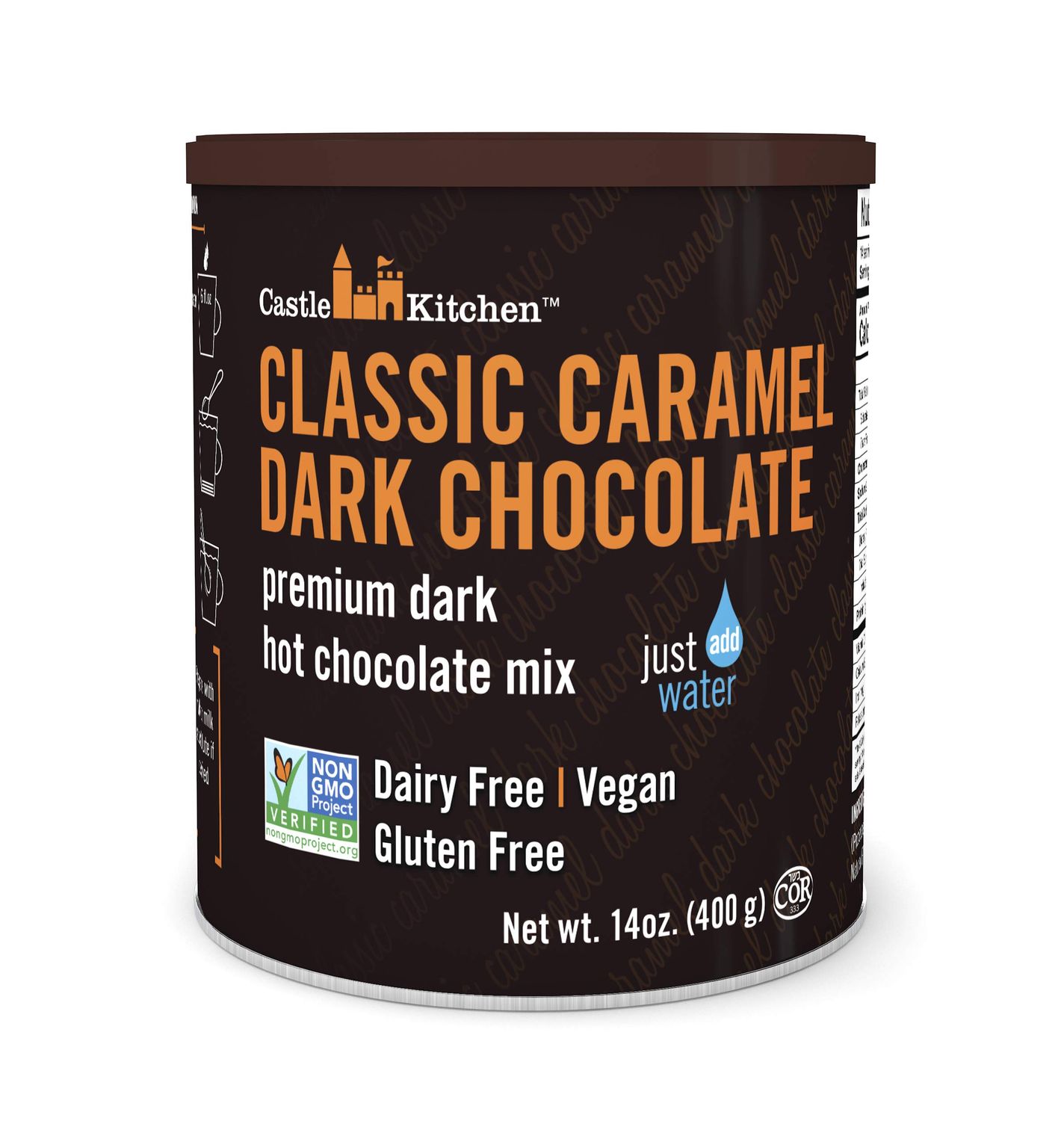 Castle Kitchen Caramel Dark Chocolate Hot Chocolate - Dairy-Free, Vegan Premium Hot Chocolate Mix - Just Add Water - 14 oz