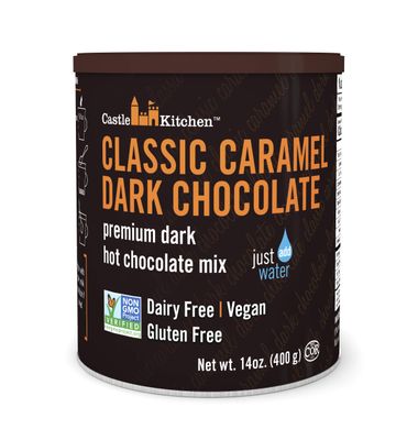 Castle Kitchen Caramel Dark Chocolate Hot Chocolate - Dairy-Free, Vegan Premium Hot Chocolate Mix - Just Add Water - 14 oz