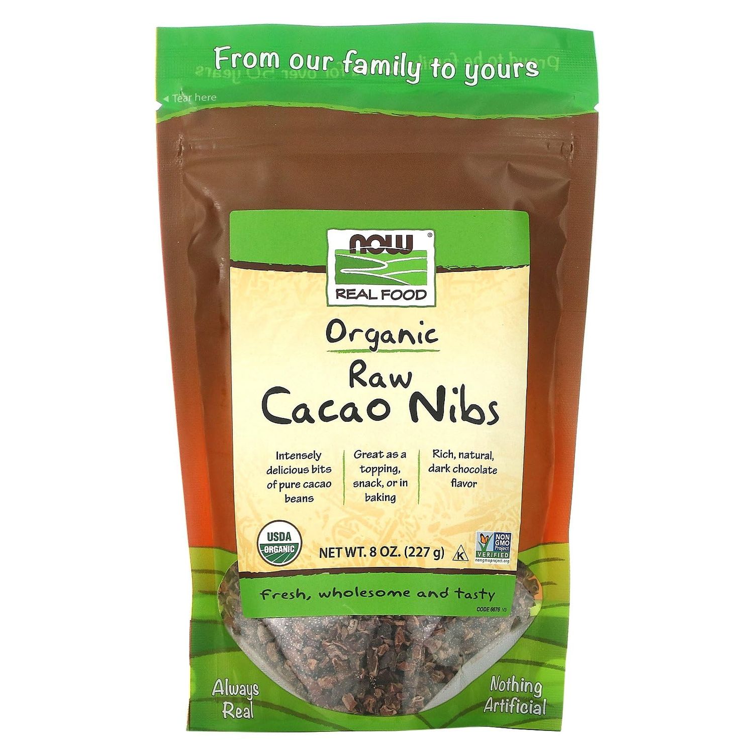 NOW Foods, Organic Raw Cacao Nibs, Rich, Pure Cacao Bean Bits, Dark Chocolate Flavor, Certified Non-GMO 8-Ounce (Packaging May Vary)