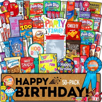 Birthday Care Package (50 Count) Candy Candies Toys Snacks Cookies Chocolate Bar Chips Party Variety Gift Box Pack Assortment Basket Treat College Kids Teens