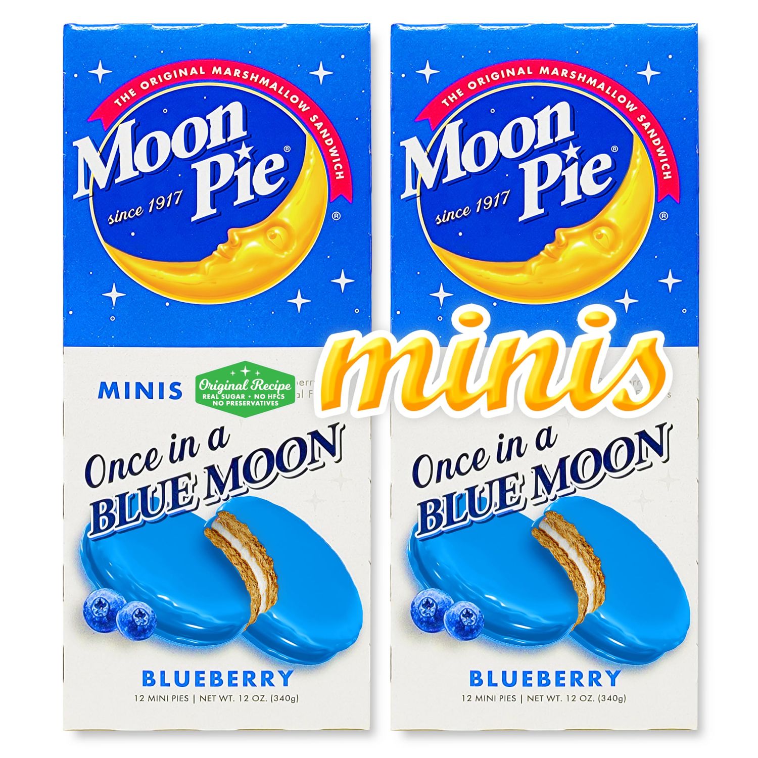 Moon Pie Minis. Once in a Blue Moon Blueberry. 2 Pack Bundle 24 Count total. Original Moonpie Mini. Fresh Since 1917.