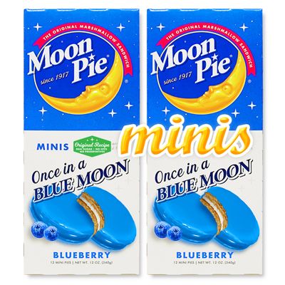 Moon Pie Minis. Once in a Blue Moon Blueberry. 2 Pack Bundle 24 Count total. Original Moonpie Mini. Fresh Since 1917.