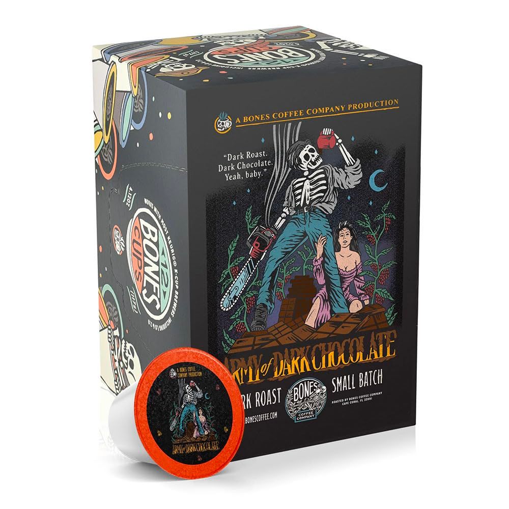 Bones Coffee Company Flavored Coffee Bones Cups Army of Dark Chocolate Flavored Coffee Pods Dark Chocolate Flavor Single-Serve Coffee Pods, Low Acid Dark Roast (12 ct)