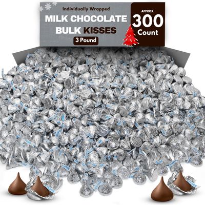 Hershey Bulk Milk Chocolate Classic Silver Kisses - 3lb Bag Approx 300 Pieces Individually Wrapped Sliver Foiled Chocolate Candy For Party Favor Treats, Gifts &amp; Special Occasions