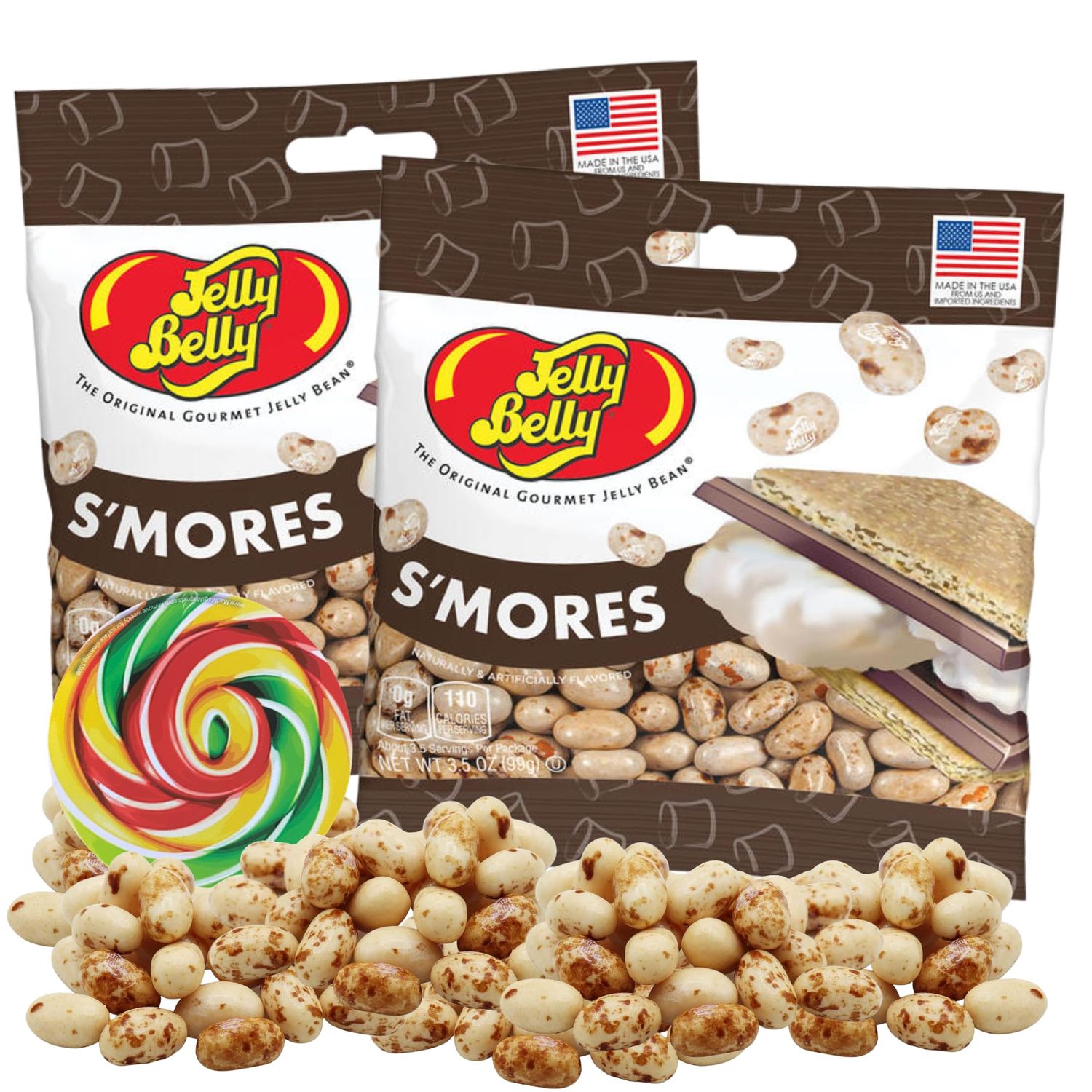 Smores Jelly Beans, Soft and Chewy Snacks, Marshmallow, Chocolate and Graham Cracker Flavored Candies, 3.5 Ounces (Pack of 2) with Lollipop Swirl Sticker