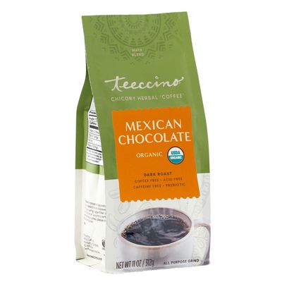 Teeccino Mexican Chocolate Chicory Coffee Alternative - Ground Herbal Coffee Thats Prebiotic, Caffeine-Free &amp; Acid Free with a Hint of Spice, Dark Roast, 11 Ounce