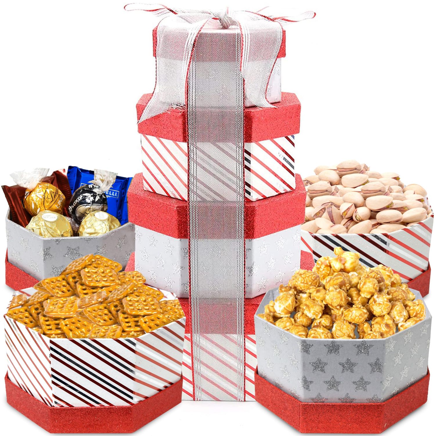 Christmas Tower Box, Party Mix, Gourmet Gift Tower Basket, Gift Basket, Waffle Pretzels, Salted Pistachios, Caramel Corn, Assorted Chocolates