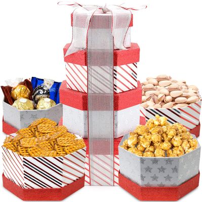 Christmas Tower Box, Party Mix, Gourmet Gift Tower Basket, Gift Basket, Waffle Pretzels, Salted Pistachios, Caramel Corn, Assorted Chocolates