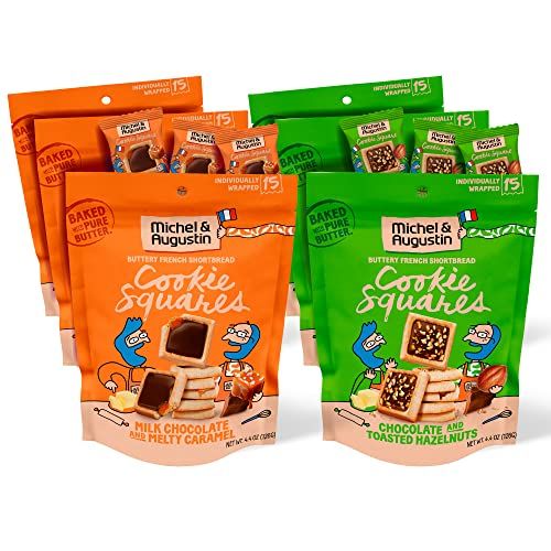 Michel et Augustin Cookie Snack Bag, Christmas Cookies, Milk Chocolate &amp; Caramel + Milk Chocolate &amp; Hazelnut Chocolate, Stocking Stuffers for Adults, Bulk 6-Pack, 15 French Shortbread Cookies per Bag