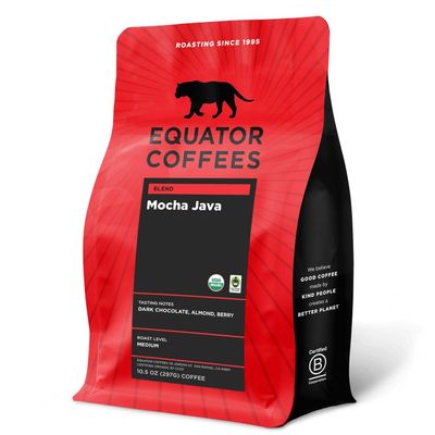 Equator Coffees, Mocha Java Blend, Organic Whole Bean Coffee, Medium Dark Roast, Fresh Roasted, Dark Chocolate &amp; Berry Flavor Notes, Sustainable and Fair Trade Certified, 10.5 oz Bag