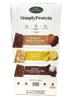 Generic Protein Crispy Bars Variety Pack, 1.41oz bars (15 Count) (5x Peanut Butter Chocolate, 5x Lemon Coconut, 5x Dark Chocolate Sea salt)