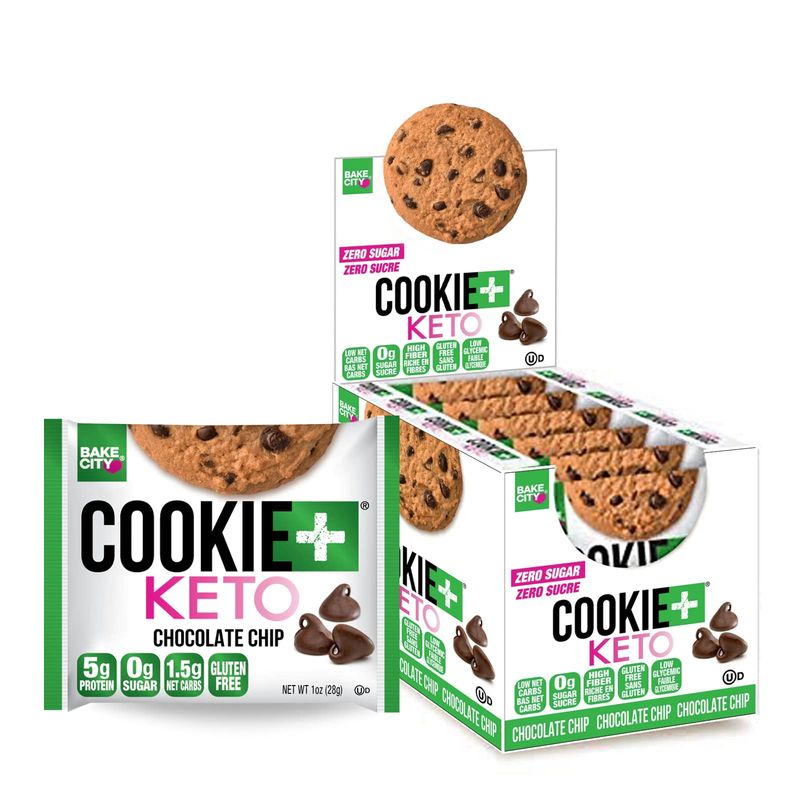 Bake City Cookie Plus Keto | 1oz Chocolate Chip Cookies (12 pack), Gluten Free, 0g Sugar, Only 1.5g Net Carbs, Good Fats, 5g Protein, Kosher, No Artificial Flavors