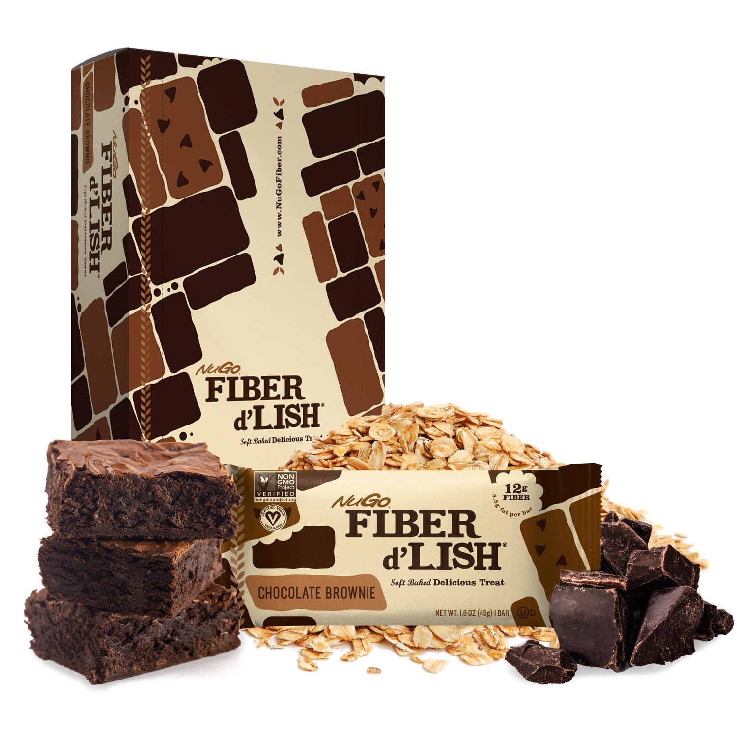 NuGo Fiber d&#39;Lish Chocolate Brownie, 12g High Fiber, Vegan, 150 Calories, 16 Count