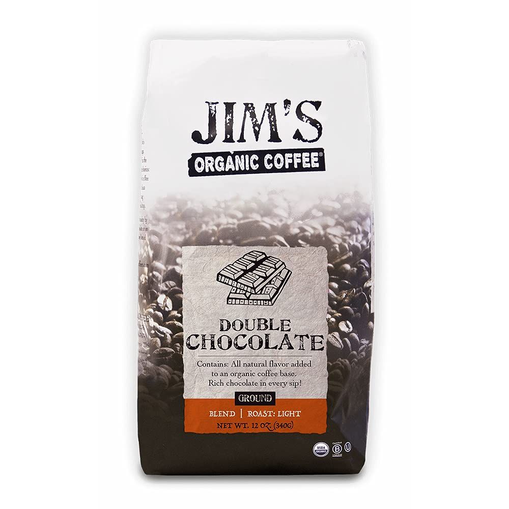 Jims Organic Coffee - Double Chocolate, All Natural Flavored Blend - Light Roast, Ground Coffee, 12 oz Bag