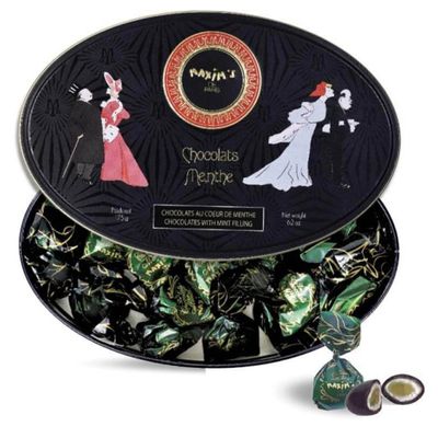 Maxim&#39;s De Paris - Chocolate Covered Mint Candies in a Luxurious Oval Tin Box Black and Gold, Belle Epoque Design, 175 g