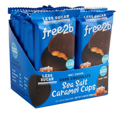 Free2b Sea Salt Caramel Cups, Safe for School and Allergy Friendly - Gluten-Free, Dairy-Free, Nut-Free, and Soy-Free - Dark Chocolate, 2-Cup Packages (Pack of 12)