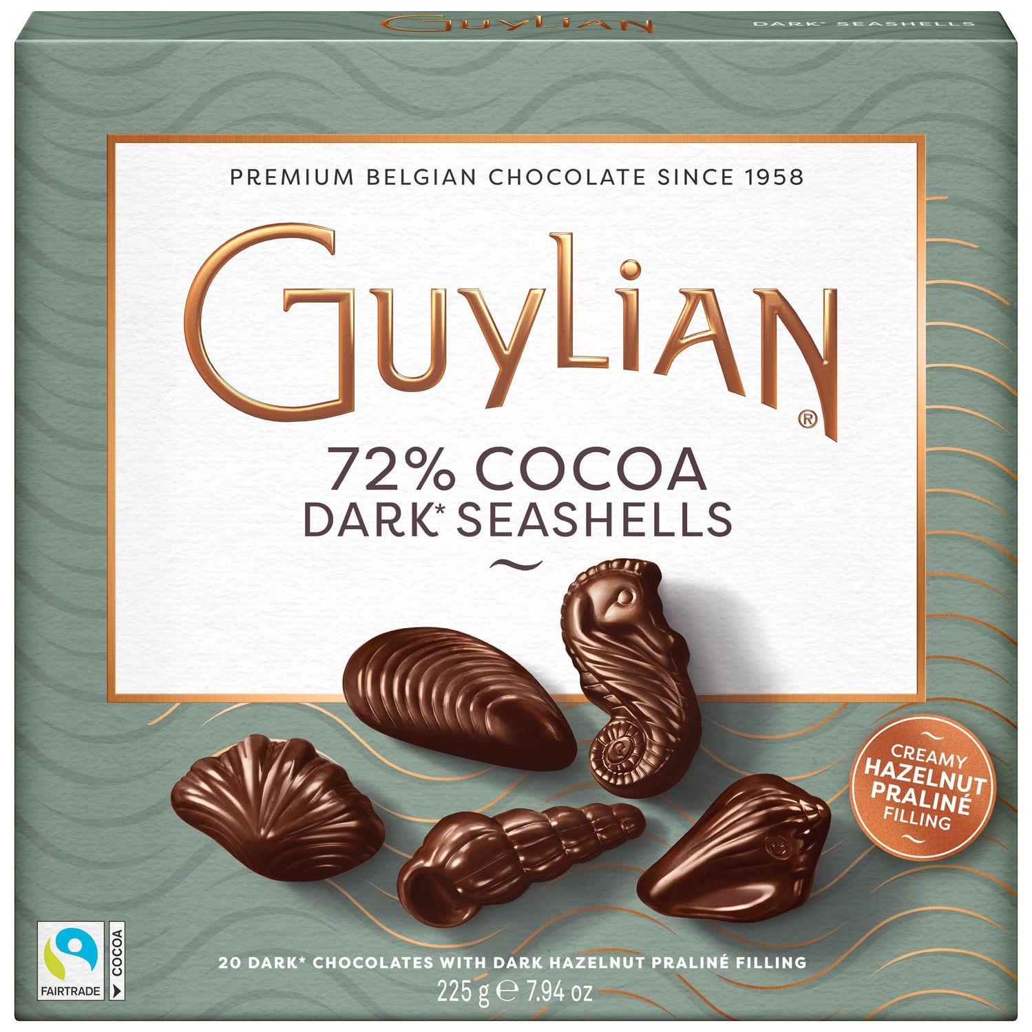 Belgian Dark Chocolate Gift Box, 20 Gourmet Hazelnut Praline Seashells by GuyLian, 72% Cocoa Intense Dark Chocolate Candy for Women and Men, 225g