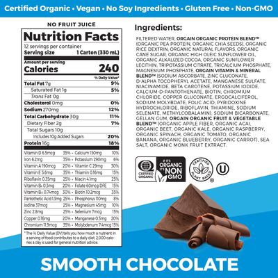 Orgain Organic Nutritional Vegan Protein Shake, Smooth Chocolate - 16g Plant Based Protein, Meal Replacement, 22 Vitamins &amp; Minerals, Fruits &amp; Vegetables, Gluten Free, Non-GMO, 11 Fl Oz (Pack of 12)