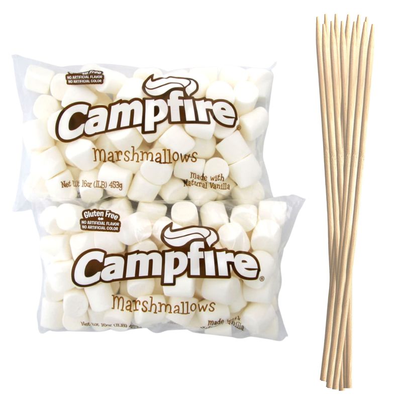 2 Pounds of Large White Marshmallows with Bonus Roasting Sticks - Made with Natural Vanilla, No Artificial Flavors - Great for Campfires, S&#39;Mores, Rice Crisp Bars, Cake Garnishes, Hot Chocolate