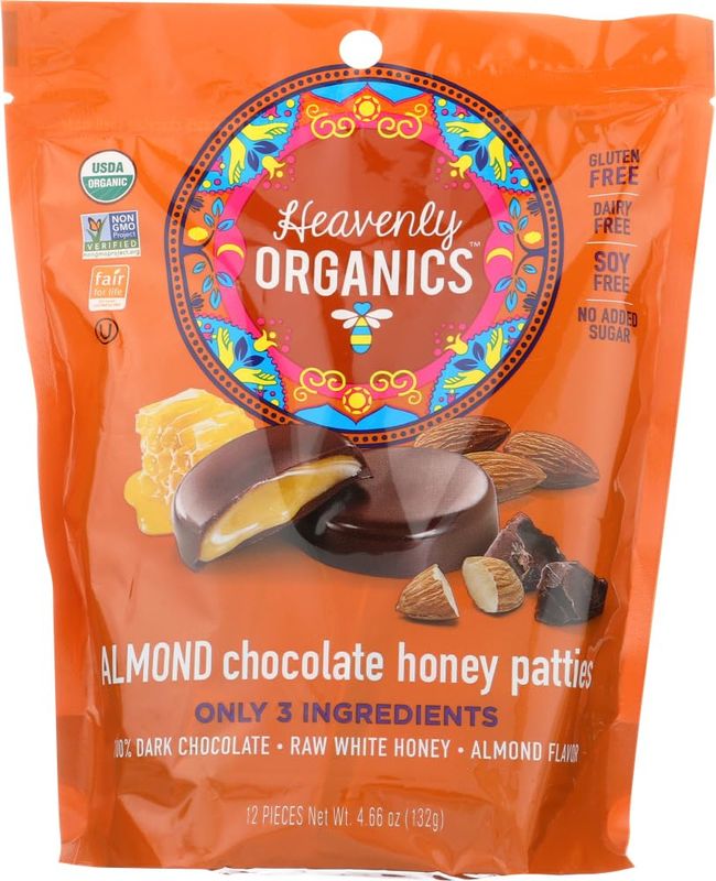 Heavenly Organics Almond Chocolate Honey Patties, Made with 100% Organic Cocoa and 100% Organic Raw White Honey; Non-GMO, Fair Trade, Kosher, Dairy &amp; Gluten Free, No Sugar Added 12 per Bag -3 Pack