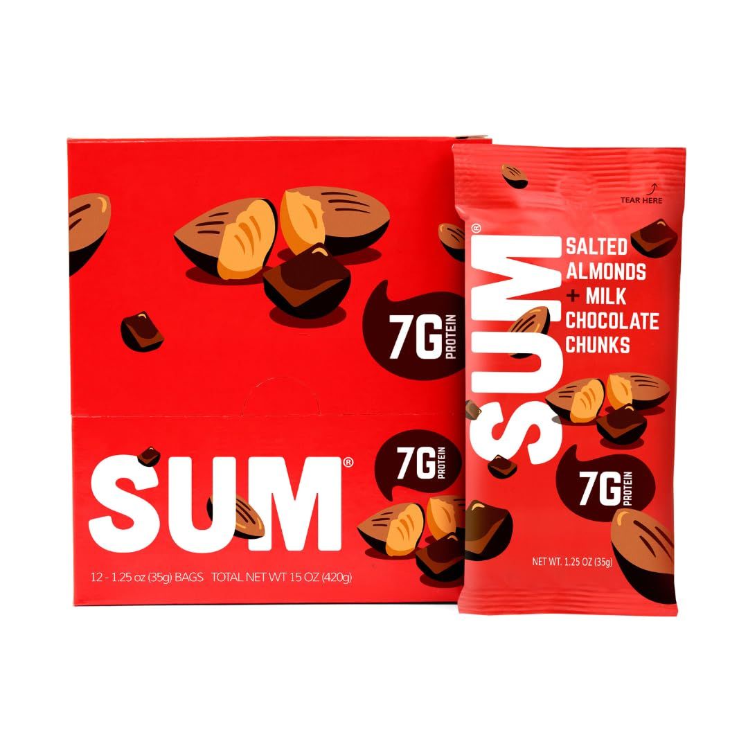 SUM Salted Almonds with Milk Chocolate Chunks Snack Mix - Chocolate Chunks with Salted Nut Mix for Kids and Adults - Individual Packs for Home, School, Office, Party - 1.25 ounce packs - 12 count