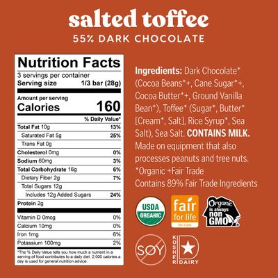 Theo Chocolate Salted Toffee Organic Dark Chocolate Bar, 55% Cacao, 6 Pack | Fair Trade