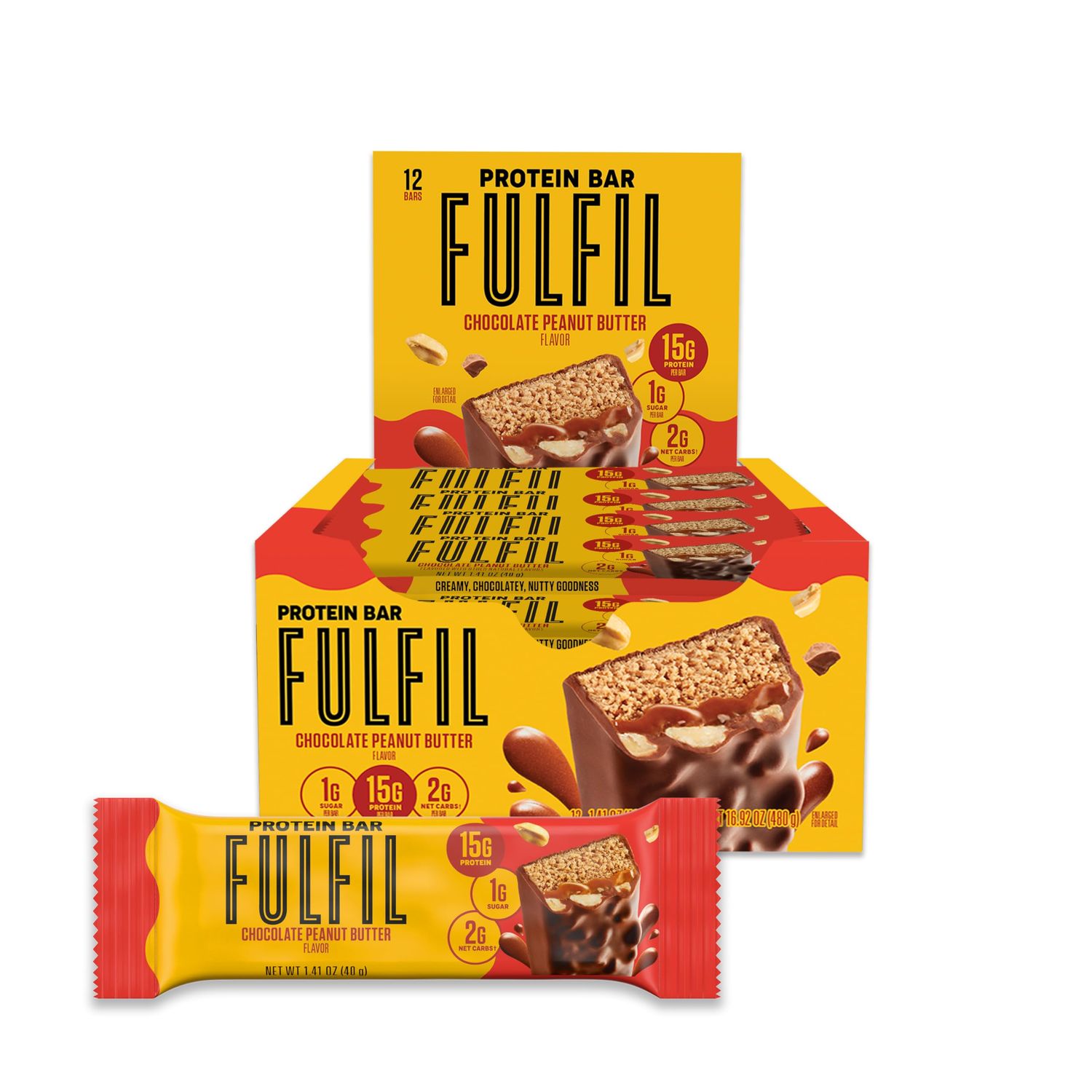 FULFIL Protein Snack Bars, NEW Recipe Chocolate Peanut Butter, 15g Protein, Pantry Staples, 12 Count, Packaging May Vary