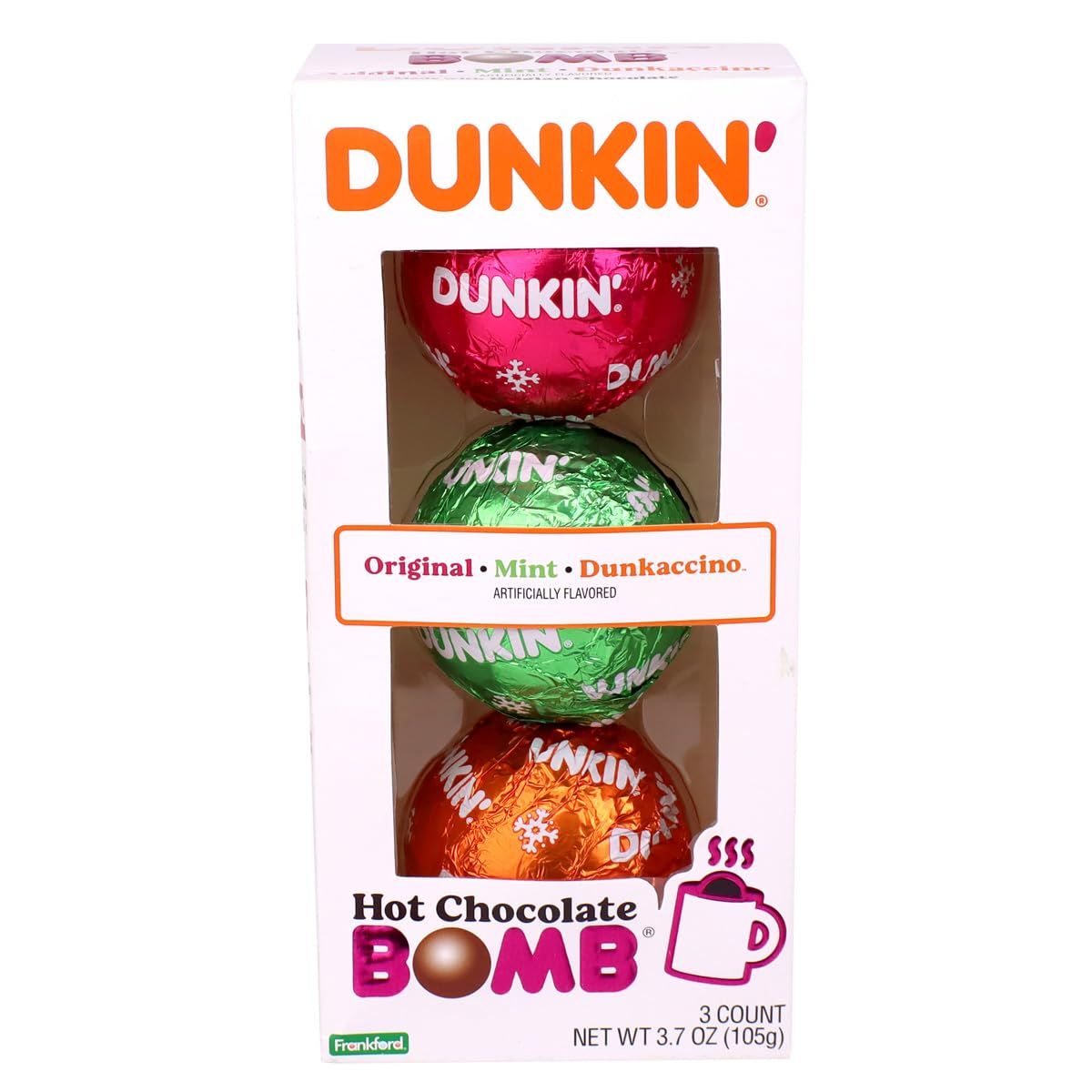 Dunkin' Hot Chocolate BOMB Gift Set, 3 Flavors: Original, Mint, Dunkaccino, 3.7 oz, Stocking Stuffers and Holiday Gift Hot Cocoa Ball