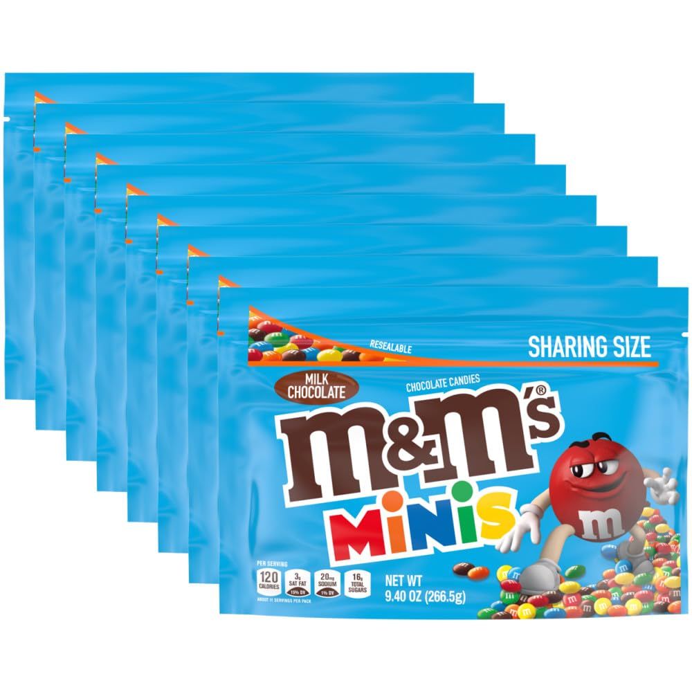 M&amp;M&#39;S Minis Milk Chocolate Candy, Sharing Size, 9.4 oz Resealable Bag (Pack of 8)