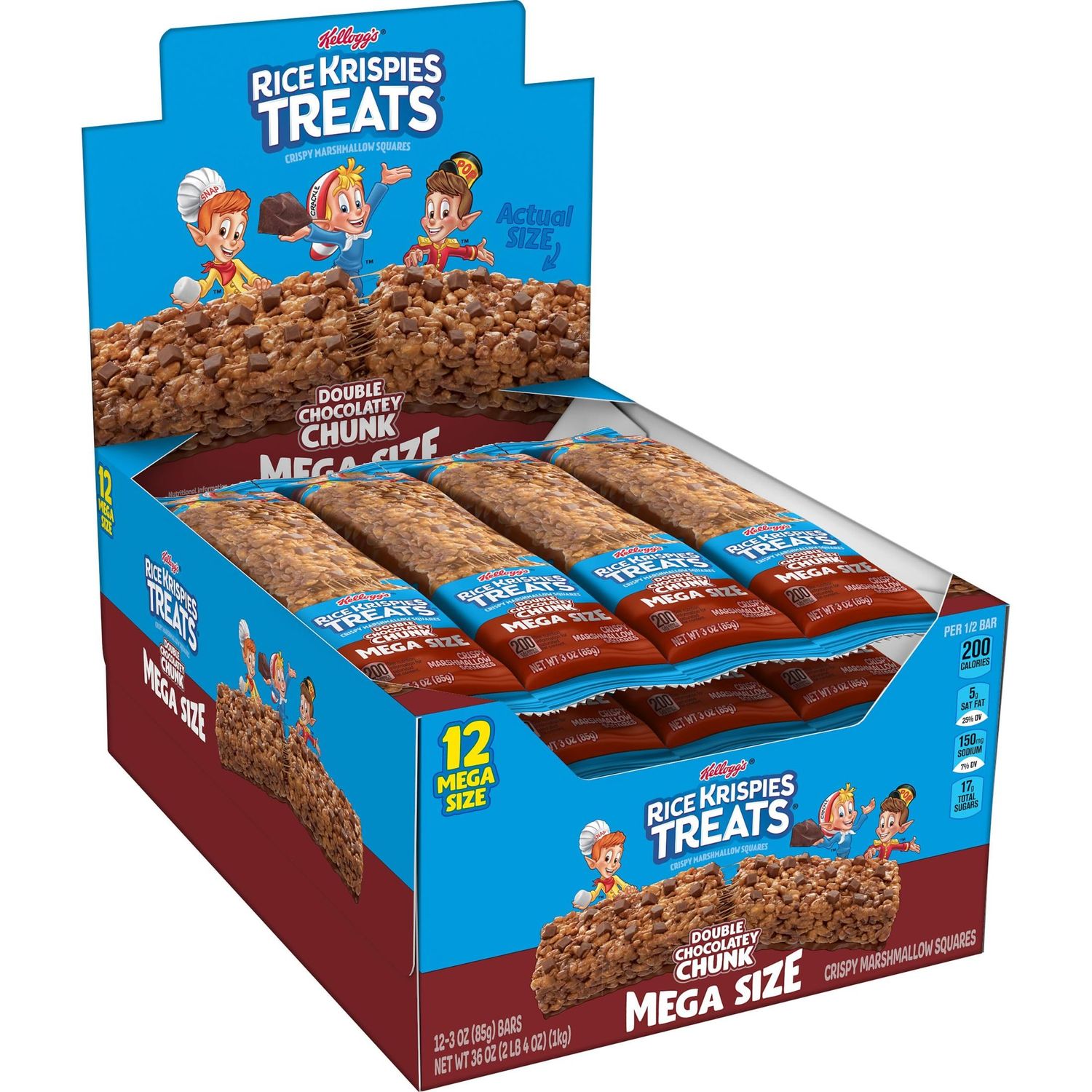 Rice Krispies Treats Mega Bars Large Marshmallow Snack Bars, Kids Snacks, Big Bars, Double Chocolatey Chunk, 36oz Box (12 Bars)