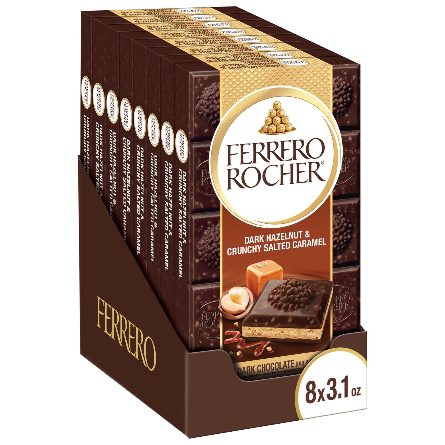 Ferrero Rocher Premium Chocolate Bars, 8 Pack, Dark Chocolate Hazelnut and Crunchy Salted Caramel, Luxury Chocolate, Individually Wrapped Holiday Treats, 3.1 oz Each