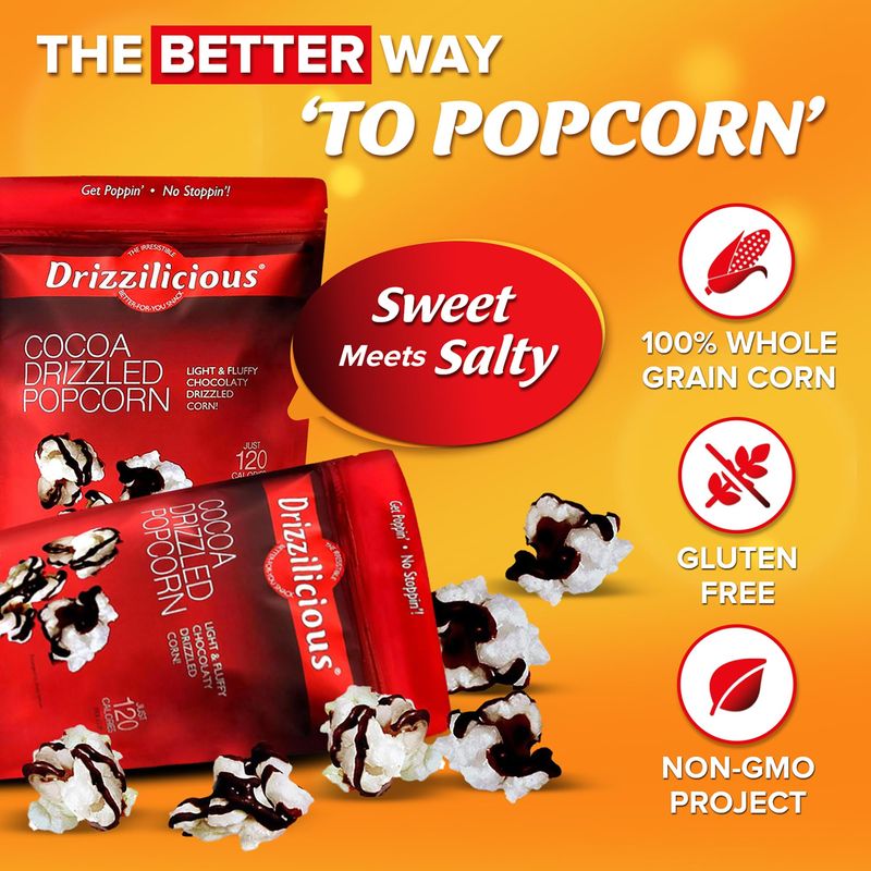 Drizzilicious Chocolate Popcorn - Chocolate Flavored Popcorn, Chocolate Drizzle Kettle Corn, Non-GMO, Vegan, Allergen Free, Gluten Free - Cocoa, 3.6 oz Bags (Pack of 6)