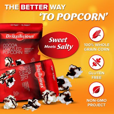 Drizzilicious Chocolate Popcorn - Chocolate Flavored Popcorn, Chocolate Drizzle Kettle Corn, Non-GMO, Vegan, Allergen Free, Gluten Free - Cocoa, 3.6 oz Bags (Pack of 6)