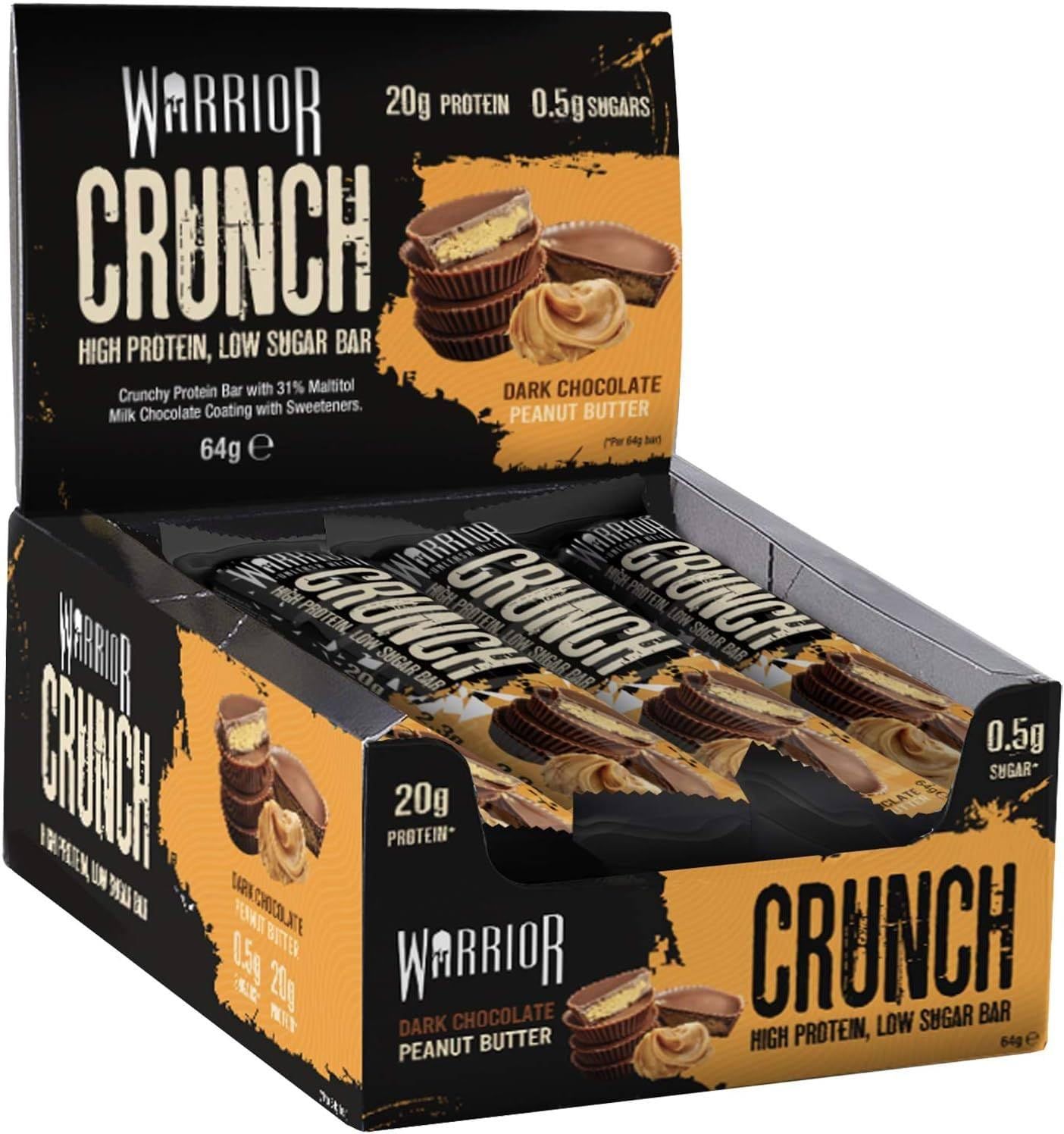 Warrior HIGH PROTEIN BARS (20g Protein each) - Low Carb, Low Sugar - Pack of 12 Caramel Crispy Crunch Bars - Dark Chocolate &amp; Peanut Butter