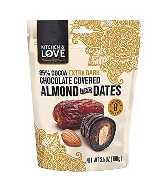 Kitchen &amp; Love Chocolate Covered Almond Stuffed Dates in a Convenient Resealable Pouch, 8 Individually Wrapped Pieces, 85% Extra Dark Chocolate, Healthy Snack, 3.5 oz, Pack of 1