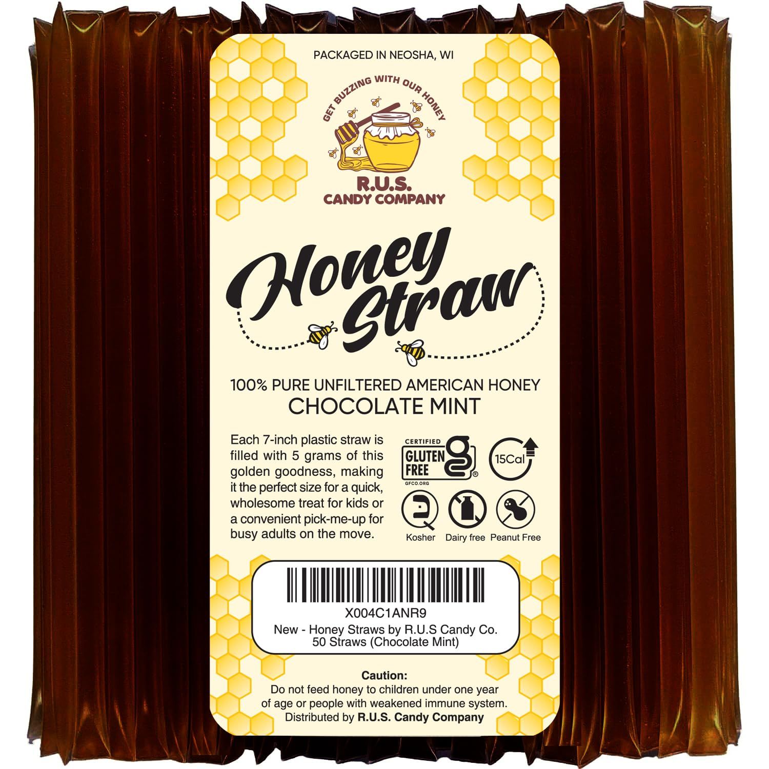 50 Pack Honey Sticks For Tea, Snacking, Honey Packets Single Serve Stir Sticks, Natural Flavor by R.U.S Candy Company- Honey Straws (50 Straws, Chocolate Mint)
