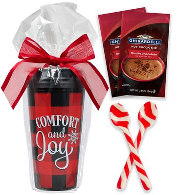 Ghirardelli Hot Cocoa &amp; Peppermint Candy Cane Spoons Mug Tumbler Gift Set - Chocolate Packets &amp; Stirrers In Christmas Holiday Red Plaid Check Travel Cup &amp; Lid - Present Bagged Wrapped for Him Her