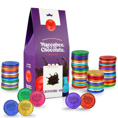 Premium Kosher Belgian Chocolate Coins Nut-free Hanukkah Gelt Chanukah Candy Chocolates Gift Packed Contains 60 Large Coins OU-D Kosher Valentines Chocolates Milk Flavor (Multicolor Coins, 60 Count)