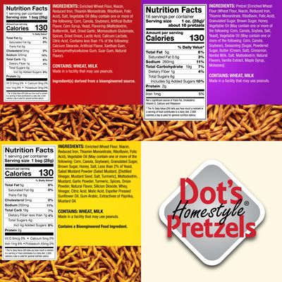 Dot's Pretzels Variety Pack, Original, Honey Mustard, and Cinnamon Sugar Pretzel Twists, Healthy Kids Snacks, 1oz Grocery Sized Bags (20 Count)